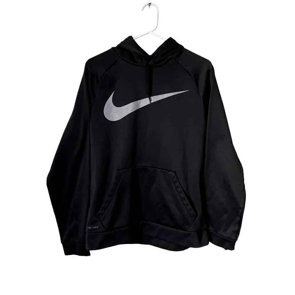 Nike dri fit black and white logo hoodie pockets workout athleisure top
